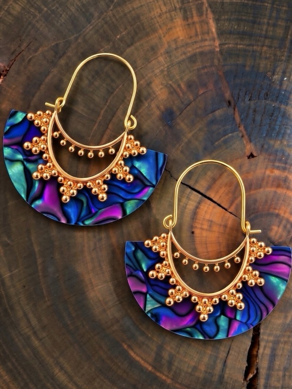 Bollywood Iridescent Abalone Shell Multicolor Gold Elaborate Semicircle Fan Hoop